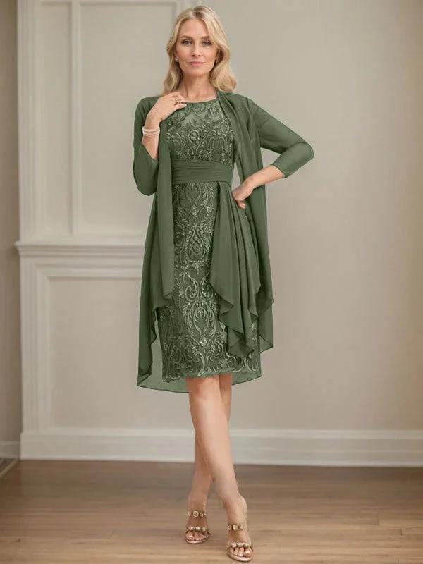 Sheath/Column Scoop Illusion Knee-Length Lace Chiffon Mother of the Bride Dress With Cascading Ruffles Sequins by Dreamylily