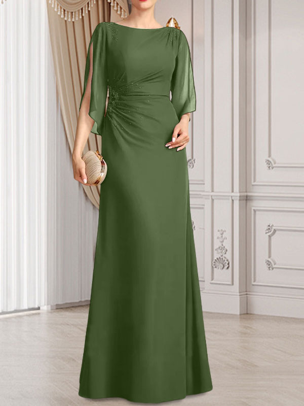 Etui-Linie/Säule U-Ausschnitt Bodenlang Chiffon Kleid für die Brautmutter mit Plissee Perlenbesatz