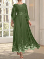 A-line Scoop Illusion Ankle-Length Lace Chiffon Mother of the Bride Dress With Sequins by Dreamylily