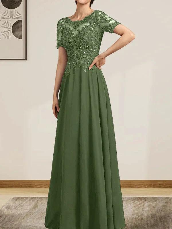 A-line Scoop Illusion Floor-Length Chiffon Lace Mother of the Bride Dress With Sequins Beading by Dreamylily