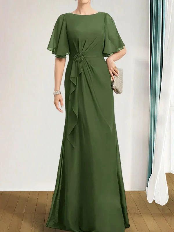 A-line Scoop Floor-Length Chiffon Mother of the Bride Dress With Cascading Ruffles Beading Sequins by Dreamylily