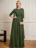 A-line Scoop Illusion Floor-Length Lace Chiffon Mother of the Bride Dress With Pleated by Dreamylily