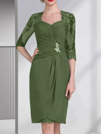 Sheath/Column Sweetheart Knee-Length Chiffon Mother of the Bride Dress With Beading Appliques Lace Sequins Pleated by Dreamylily