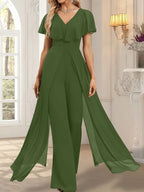 Jumpsuit/Pantsuit V-Neck Floor-Length Chiffon Evening Dress
