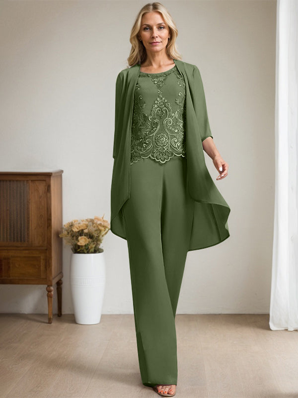 Separates Jumpsuit/Pantsuit Scoop Floor-Length Chiffon Lace Mother of the Bride Dress With Beading Sequins