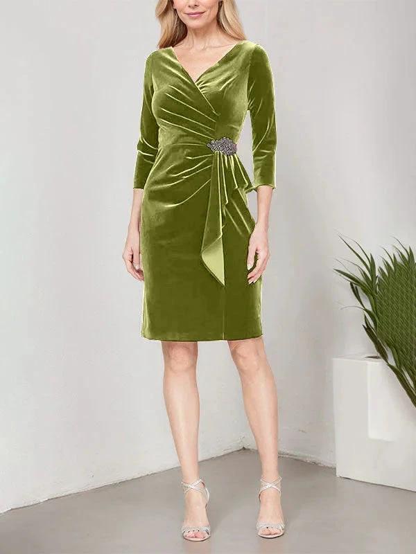 Short Velvet Sheath Dress with Surplice Neckline, Cascade Skirt and Embellishment Detail at Hip by Dreamylily