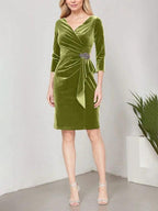 Short Velvet Sheath Dress with Surplice Neckline, Cascade Skirt and Embellishment Detail at Hip by Dreamylily