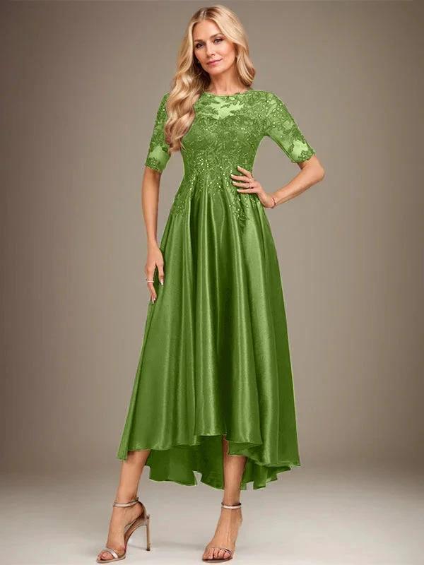 A-line Scoop Illusion Asymmetrical Stretch Satin Lace Mother of the Bride Dress With Sequins by Dreamylily