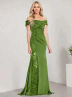 A-Line Off the Shoulder Floor-Length Mother of the Bride Dress Applique Beadings Mermaid Dress With High Split by Dreamylily