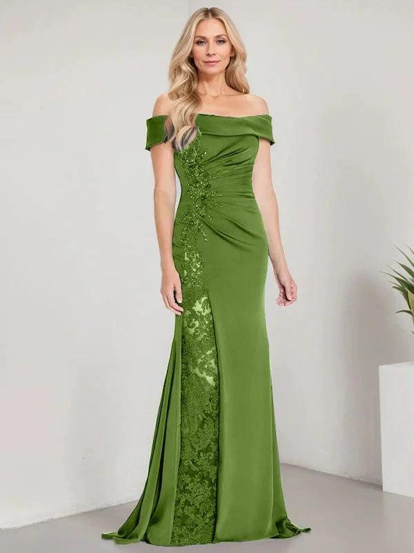 A-Line Off the Shoulder Floor-Length Mother of the Bride Dress Applique Beadings Mermaid Dress With High Split by Dreamylily