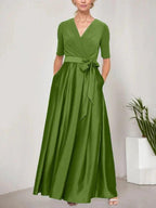Surplice Neckline Ballgown with Full Satin Skirt & Jersey Bodice by Dreamylily