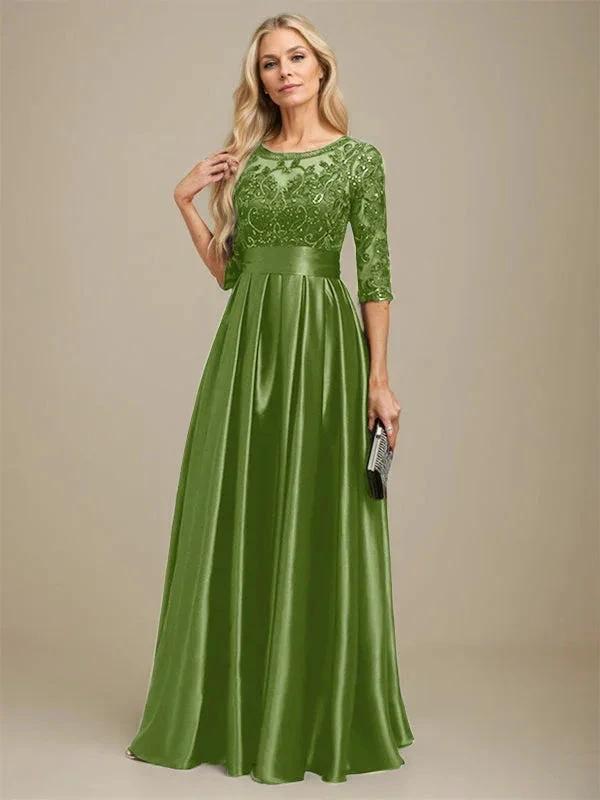 A-line Scoop Illusion Floor-Length Stretch Satin Lace Mother of the Bride Dress With Bow Sequins by Dreamylily