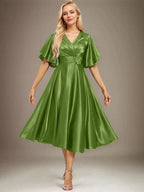 A-line V-Neck Tea-Length Stretch Satin Mother of the Bride Dress With Beading Pleated by Dreamylily