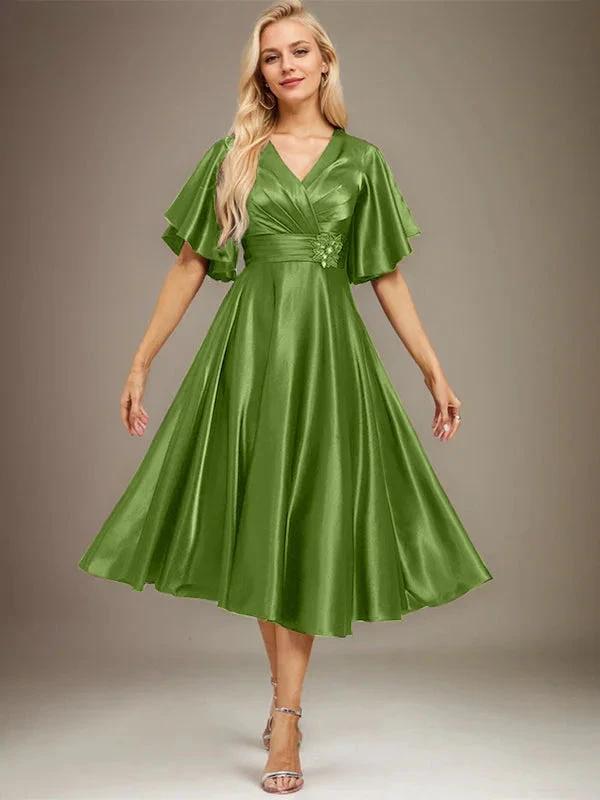 A-line V-Neck Tea-Length Stretch Satin Mother of the Bride Dress With Beading Pleated by Dreamylily