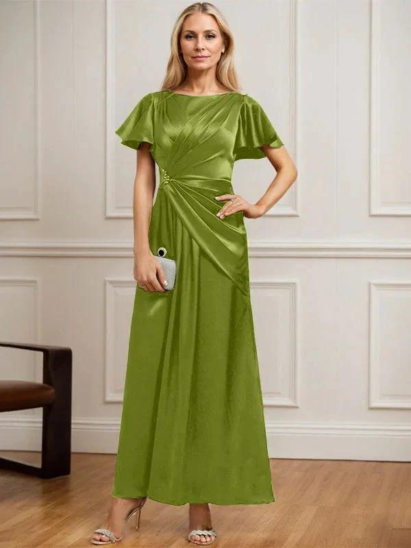 A-line Scoop Ankle-Length Stretch Satin Mother of the Bride Dress With Pleated Beading by Dreamylily