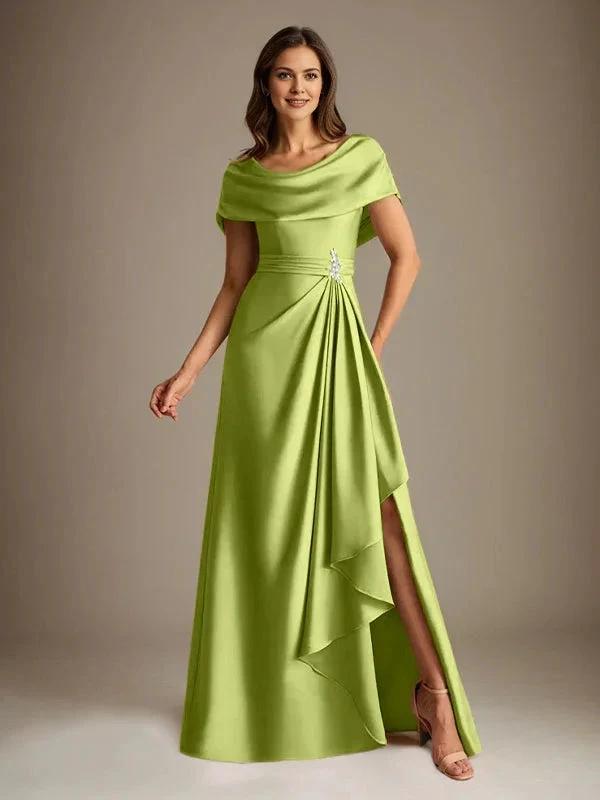 A-Line Scoop Floor-Length Stretch Satin Mother of the Bride Dress With Cascading Ruffles by Dreamylily