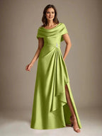 A-Line Scoop Floor-Length Stretch Satin Mother of the Bride Dress With Cascading Ruffles by Dreamylily