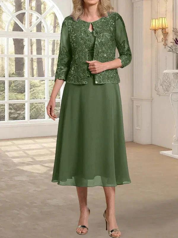 A-line Scoop Tea-Length Lace Chiffon Mother of the Bride Dress With Sequins by Dreamylily