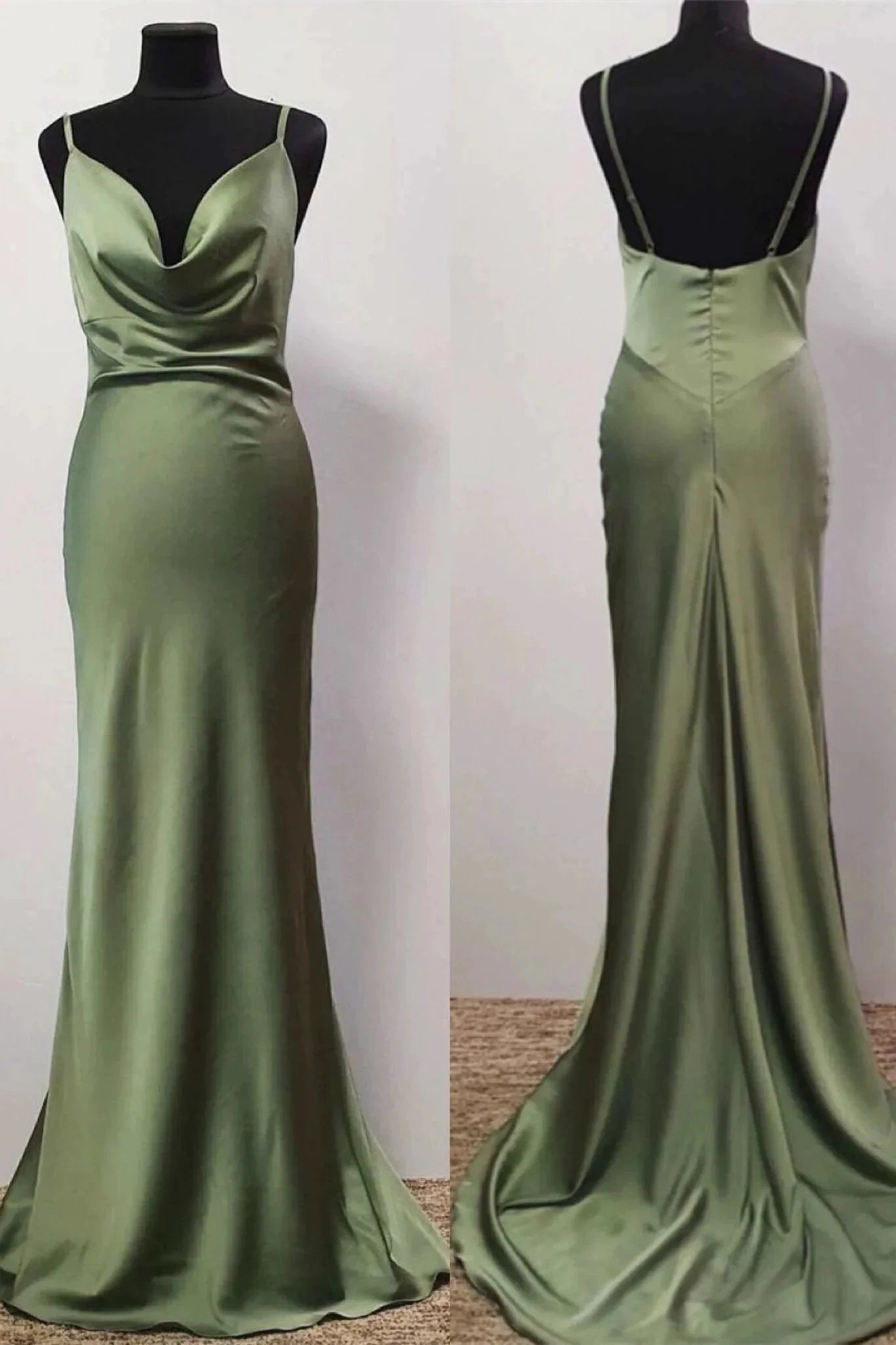 Olive Green Cowl Neck Trump Long Prom Dress SYP107 by vivymakudress