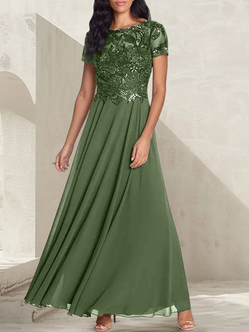 Vestido largo de madre de la novia con escote redondo, corte A, color gris carbón y cuentas