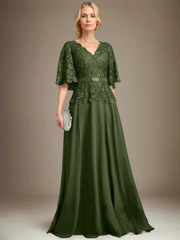 A-line V-Neck Floor-Length Chiffon Lace Mother of the Bride Dress With Crystal Brooch Rhinestone by Dreamylily