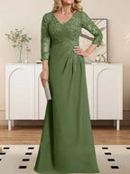 Sheath/Column V-Neck Illusion Floor-Length Lace Chiffon Mother of the Bride Dress With Pleated Sequins by Dreamylily