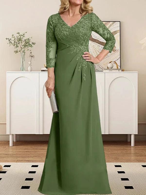 Sheath/Column V-Neck Illusion Floor-Length Lace Chiffon Mother of the Bride Dress With Pleated Sequins by Dreamylily