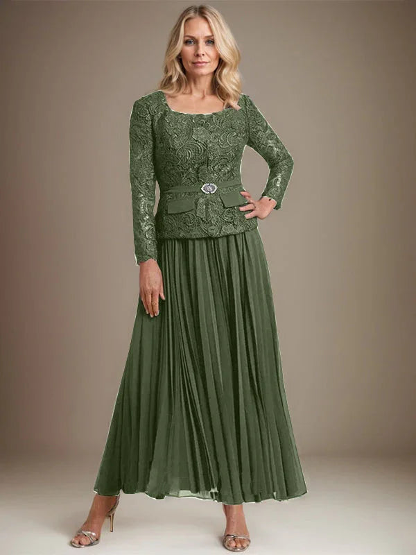 Vestido de gasa para madre de la novia con corte A, cuadrado, largo hasta los tobillos, con pliegues 