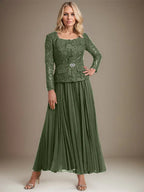 Vestido de gasa para madre de la novia con corte A, cuadrado, largo hasta los tobillos, con pliegues 