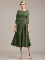 A-line Scoop Tea-Length Lace Chiffon Mother of the Bride Dress by Dreamylily