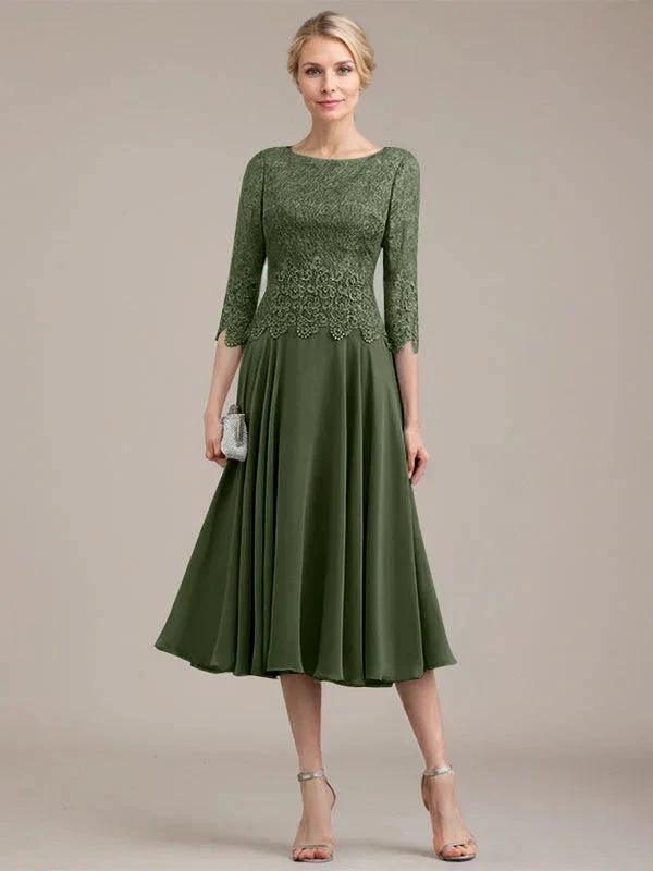 A-line Scoop Tea-Length Lace Chiffon Mother of the Bride Dress by Dreamylily