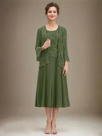 A-line Scoop Tea-Length Lace Chiffon Mother of the Bride Dress With Sequins by Dreamylily