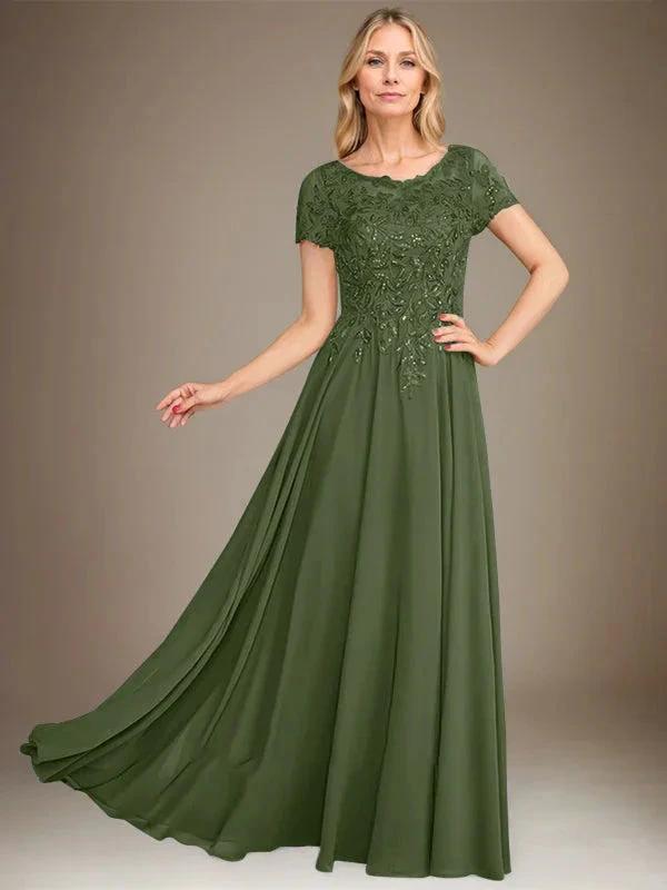 A-Line Scoop Floor-Length Chiffon Mother of the Bride Dress With Applique & Sequins by Dreamylily