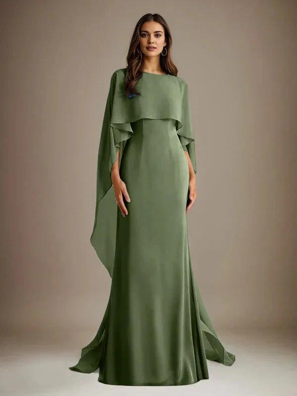Sheath/Column Boatneck Floor-Length Chiffon Mother of the Bride Dress With Cascading Ruffles by Dreamylily