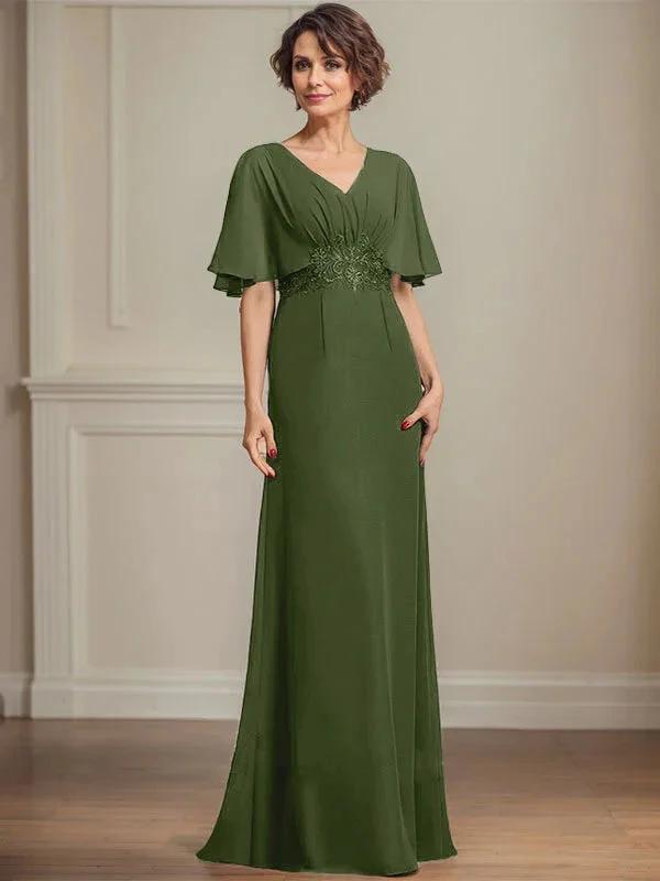 A-line V-Neck Floor-Length Chiffon Mother of the Bride Dress With Pleated Sequins Appliques Lace by Dreamylily