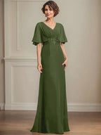 A-line V-Neck Floor-Length Chiffon Mother of the Bride Dress With Pleated Sequins Appliques Lace by Dreamylily