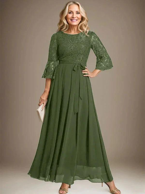 A-line Scoop Ankle-Length Lace Chiffon Mother of the Bride Dress With Bow by Dreamylily