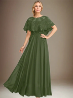 A-line Boat Neck Floor-Length Lace Chiffon Mother of the Bride Dress With Applique Sequins by Dreamylily
