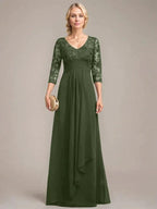 A-line V-Neck Floor-Length Lace Chiffon Mother of the Bride Dress With Cascading Ruffles Sequins by Dreamylily