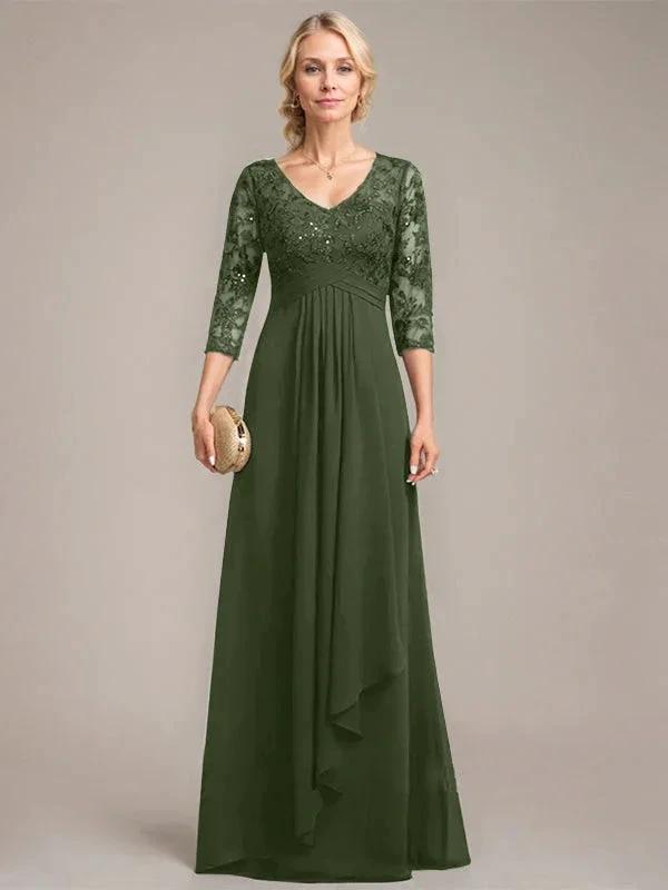 A-line V-Neck Floor-Length Lace Chiffon Mother of the Bride Dress With Cascading Ruffles Sequins by Dreamylily