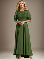 A-line Scoop Illusion Asymmetrical Chiffon Lace Mother of the Bride Dress With Beading by Dreamylily