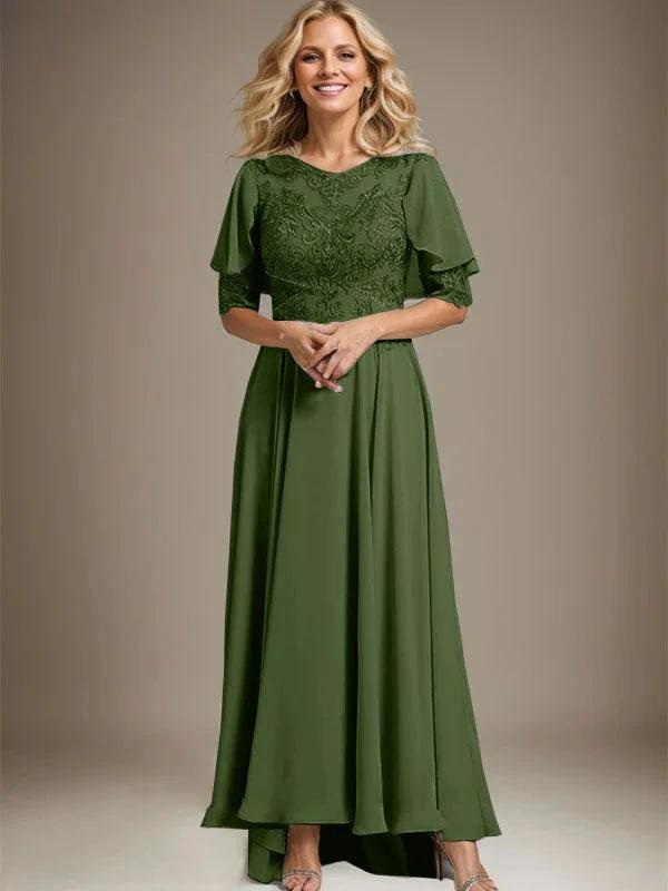 A-line Scoop Illusion Asymmetrical Chiffon Lace Mother of the Bride Dress With Beading by Dreamylily