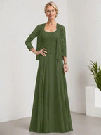 A-line Square Floor-Length Lace Chiffon Mother of the Bride Dress With Sequins by Dreamylily