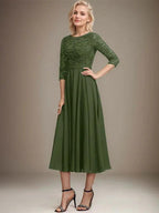 A-line Scoop Tea-Length Lace Chiffon Mother of the Bride Dress With Sequins by Dreamylily