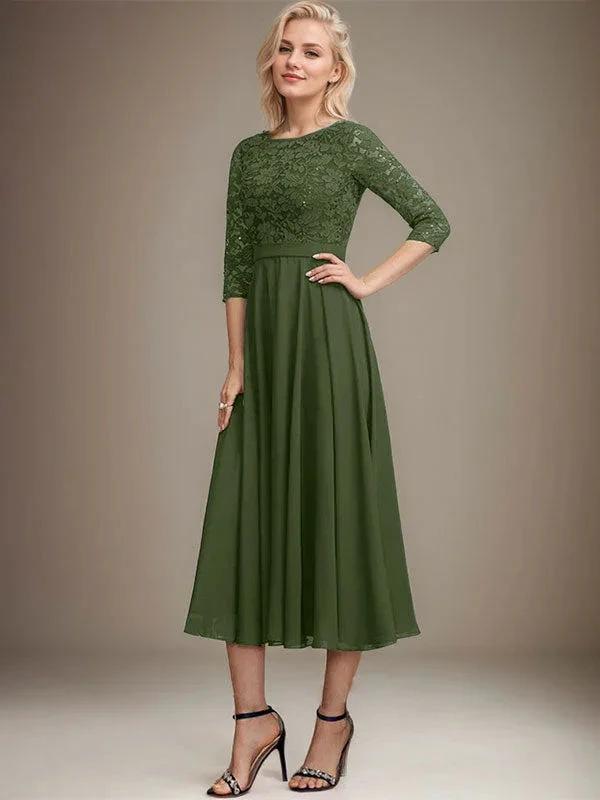 A-line Scoop Tea-Length Lace Chiffon Mother of the Bride Dress With Sequins by Dreamylily
