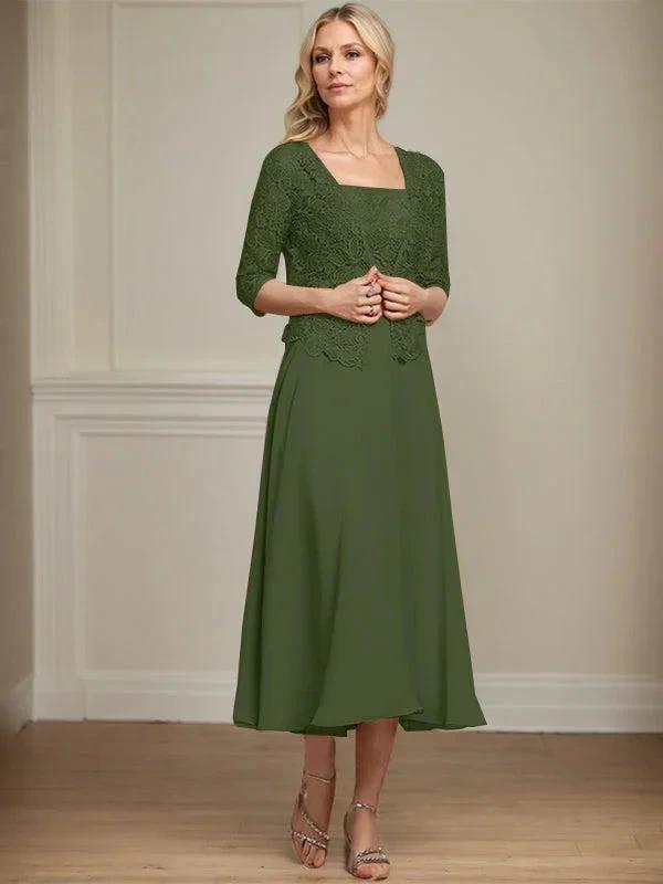 A-line Square Tea-Length Chiffon Lace Mother of the Bride Dress With Sequins Beading by Dreamylily