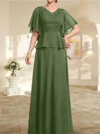 A-line V-Neck Floor-Length Chiffon Mother of the Bride Dress With Pleated Beading by Dreamylily