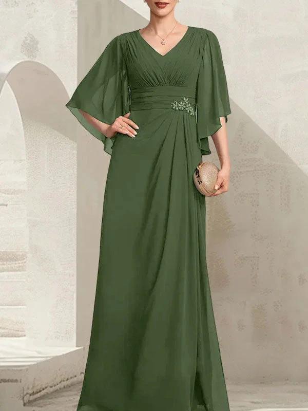 Sheath/Column V-Neck Floor-Length Chiffon Mother of the Bride Dress With Pleated Sequins Beading by Dreamylily