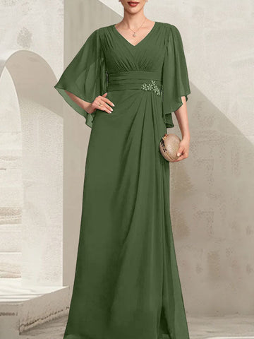 Vestido de gasa para madre de la novia, con escote en V, largo hasta el suelo, con lentejuelas plisadas y abalorios