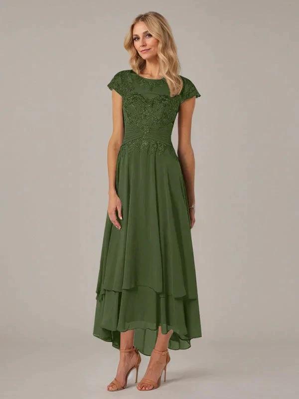 A-line Boat Neck Illusion Asymmetrical Chiffon Lace Mother of the Bride Dress With Applique Pleats by Dreamylily